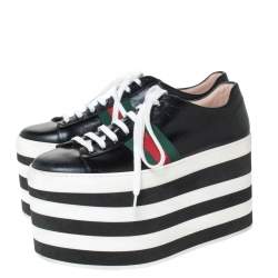 Pre Owned Gucci Black Leather Peggy Web Detail Platform Sneakers Size 38