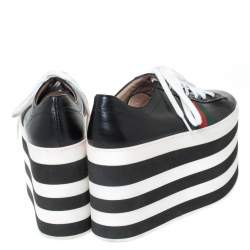 Pre Owned Gucci Black Leather Peggy Web Detail Platform Sneakers Size 38