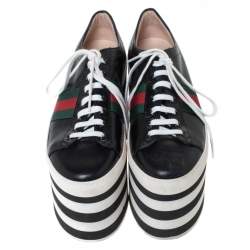 Pre Owned Gucci Black Leather Peggy Web Detail Platform Sneakers Size 38