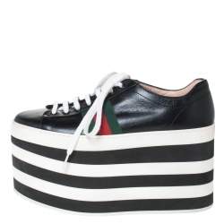 Pre Owned Gucci Black Leather Peggy Web Detail Platform Sneakers Size 38