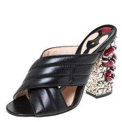 Pre Owned صندل سلايد غوتشي كانفاس أسود ثعبان مزخرف هورسبيت مقاس 38.5