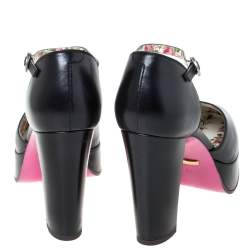 Pre Owned Gucci Black Leather Agon Block Heel Platform Pumps Size 38.5