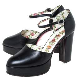 Pre Owned Gucci Black Leather Agon Block Heel Platform Pumps Size 38.5