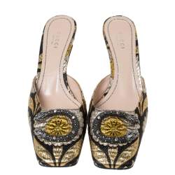 Pre Owned Gucci Black Floral Jacquard Fabric Dionysus Square Toe Slip On Mules Size 37