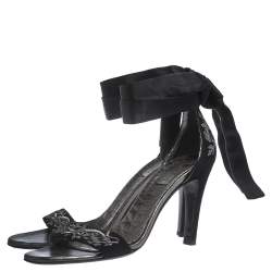 Gucci Black Embroidered Suede and Satin Open Toe Ankle Wrap Sandals Size 39