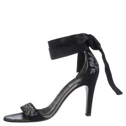 Gucci Black Embroidered Suede and Satin Open Toe Ankle Wrap Sandals Size 39