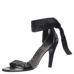 Gucci Black Embroidered Suede and Satin Open Toe Ankle Wrap Sandals Size 39