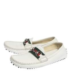 Pre Owned Gucci White Leather Horsebit Web Detail Slip On Loafers Size 36