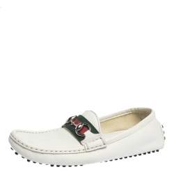 Pre Owned Gucci White Leather Horsebit Web Detail Slip On Loafers Size 36