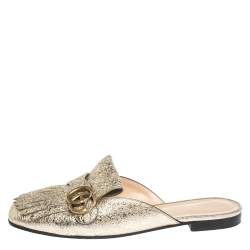 Pre Owned حذاء مولز غوتشي فلات تفاصيل شراشيب مارمونت جي جي جلد منقوش ذهبي مقاس 40