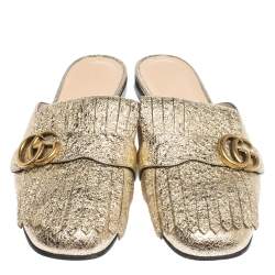 Pre Owned حذاء مولز غوتشي فلات تفاصيل شراشيب مارمونت جي جي جلد منقوش ذهبي مقاس 40