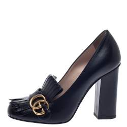 Pre Owned Gucci Black Leather GG Marmont Fringe Detail Block Heel Pumps Size 38
