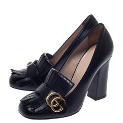 Pre Owned Gucci Black Leather GG Marmont Fringe Detail Block Heel Pumps Size 38