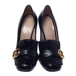 Pre Owned Gucci Black Leather GG Marmont Fringe Detail Block Heel Pumps Size 38