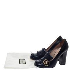 Pre Owned Gucci Black Leather GG Marmont Fringe Detail Block Heel Pumps Size 38