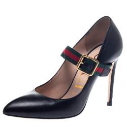 مملوكة مسبقًا Gucci Black Leather Sylvie Buckle Detail Pumps Size 37