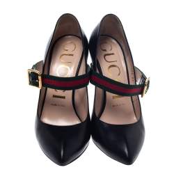 مملوكة مسبقًا Gucci Black Leather Sylvie Buckle Detail Pumps Size 37