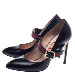 مملوكة مسبقًا Gucci Black Leather Sylvie Buckle Detail Pumps Size 37