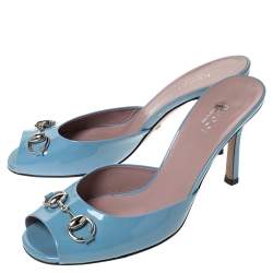 Pre Owned Gucci Blue Patent Leather Horsebit Open Toe Sandals Size 36.5