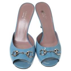 Pre Owned Gucci Blue Patent Leather Horsebit Open Toe Sandals Size 36.5