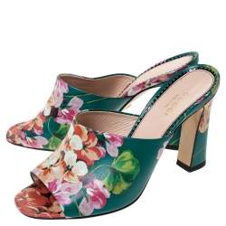 Pre Owned Gucci Multicolor Bloom Print Leather Shanghai Open Mules Size 36