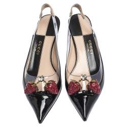 Pre Owned Gucci Black Patent Leather And PVC Eleonor Strawberry Charm Slingback Sandals Size 37.5