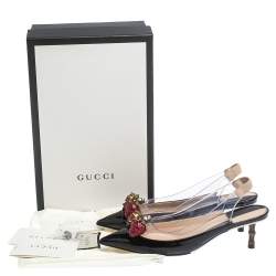 Pre Owned Gucci Black Patent Leather And PVC Eleonor Strawberry Charm Slingback Sandals Size 37.5