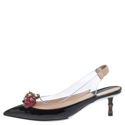 Pre Owned Gucci Black Patent Leather And PVC Eleonor Strawberry Charm Slingback Sandals Size 37.5