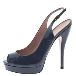 Pre Owned صندل غوتشي فتحة كعب مقدمة مفتوحة نعل سميك جلد لامع رصاصي مقاس 39.5