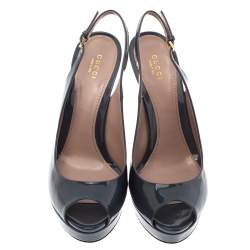 Pre Owned صندل غوتشي فتحة كعب مقدمة مفتوحة نعل سميك جلد لامع رصاصي مقاس 39.5