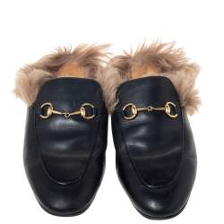 Pre Owned حذاء لوفرز مول غوتشي فلات برينستاون بطانة فرو جلد أسود مقاس 39