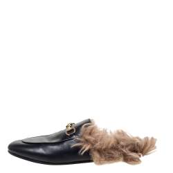 Pre Owned حذاء لوفرز مول غوتشي فلات برينستاون بطانة فرو جلد أسود مقاس 39