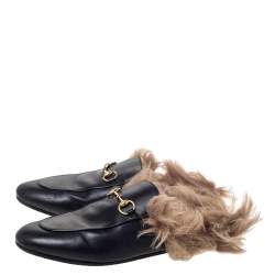 Pre Owned حذاء لوفرز مول غوتشي فلات برينستاون بطانة فرو جلد أسود مقاس 39