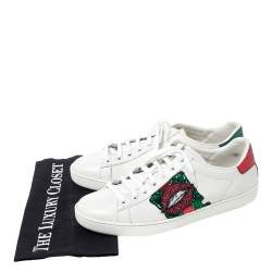 Gucci White Leather Sequins And Crystal Lips Ace Low Top Sneakers Size 39