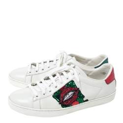 Gucci White Leather Sequins And Crystal Lips Ace Low Top Sneakers Size 39