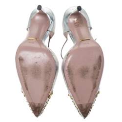 Pre Owned Gucci Silver Leather Studded Coline T Strap Pumps Size 36.5