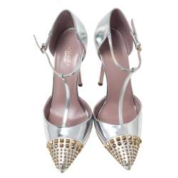 Pre Owned Gucci Silver Leather Studded Coline T Strap Pumps Size 36.5