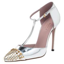 Pre Owned Gucci Silver Leather Studded Coline T Strap Pumps Size 36.5