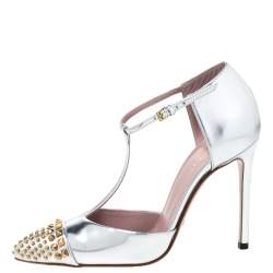 Pre Owned Gucci Silver Leather Studded Coline T Strap Pumps Size 36.5