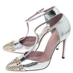 Pre Owned Gucci Silver Leather Studded Coline T Strap Pumps Size 36.5