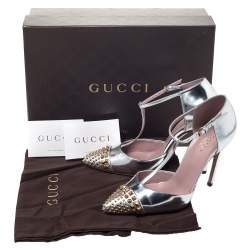 Pre Owned Gucci Silver Leather Studded Coline T Strap Pumps Size 36.5