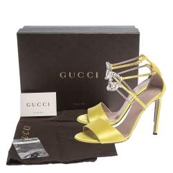 Pre Owned Gucci Yellow Satin Crystal Embellished Ankle Strap Sandals Size 38