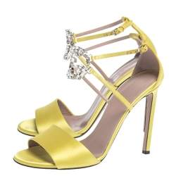 Pre Owned Gucci Yellow Satin Crystal Embellished Ankle Strap Sandals Size 38