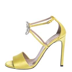 Pre Owned Gucci Yellow Satin Crystal Embellished Ankle Strap Sandals Size 38