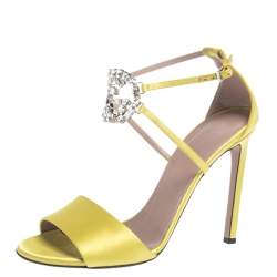 Pre Owned Gucci Yellow Satin Crystal Embellished Ankle Strap Sandals Size 38