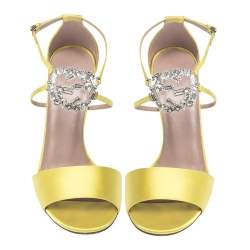 Pre Owned Gucci Yellow Satin Crystal Embellished Ankle Strap Sandals Size 38