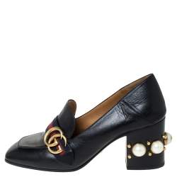 Pre Owned Gucci Black Leather Peyton GG Web Detail Pearl Studded Pumps Size 37.5