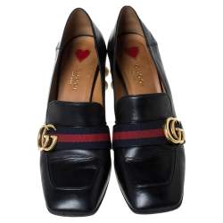 Pre Owned Gucci Black Leather Peyton GG Web Detail Pearl Studded Pumps Size 37.5