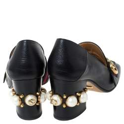 Pre Owned Gucci Black Leather Peyton GG Web Detail Pearl Studded Pumps Size 37.5