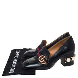 Pre Owned Gucci Black Leather Peyton GG Web Detail Pearl Studded Pumps Size 37.5
